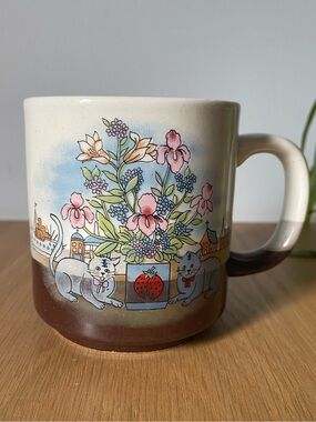 Vintage Otagiri Style Cat and Floral Ceramic Stoneware Mug